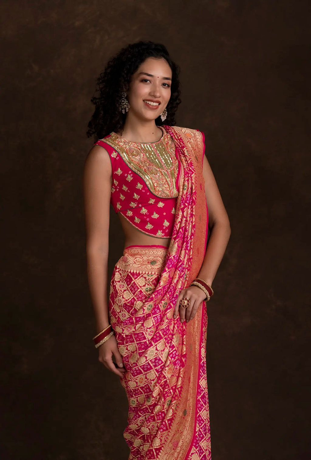 Bandhani Saree In Rani Pink With Tilfi & Gyasar Work