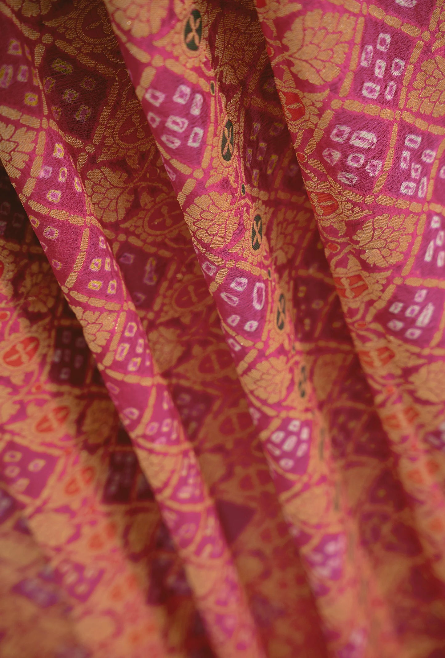 Bandhani Saree In Rani Pink With Tilfi & Gyasar Work