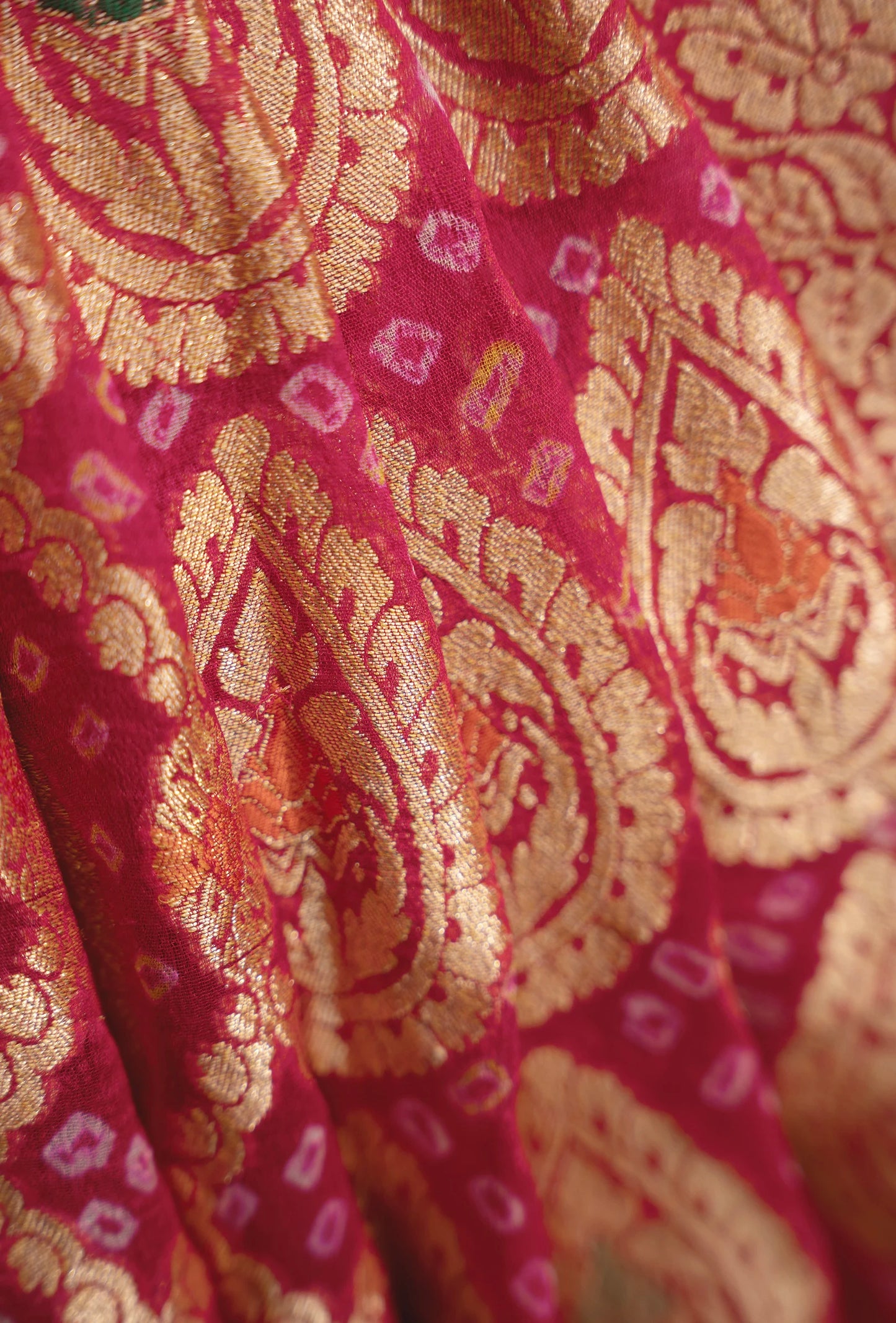 Bandhani Saree In Rani Pink With Tilfi & Gyasar Work
