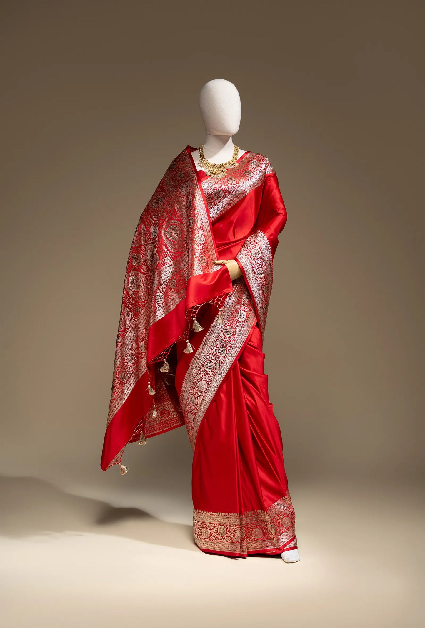 Royal Red Pure Malai Silk Saree With Tikki Work and Unstitched Blouse