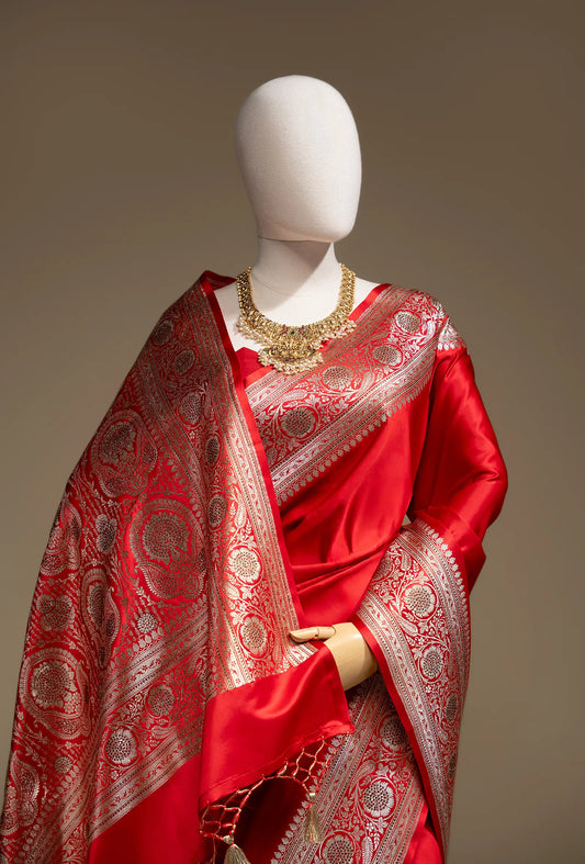 Royal Red Pure Malai Silk Saree With Tikki Work and Unstitched Blouse