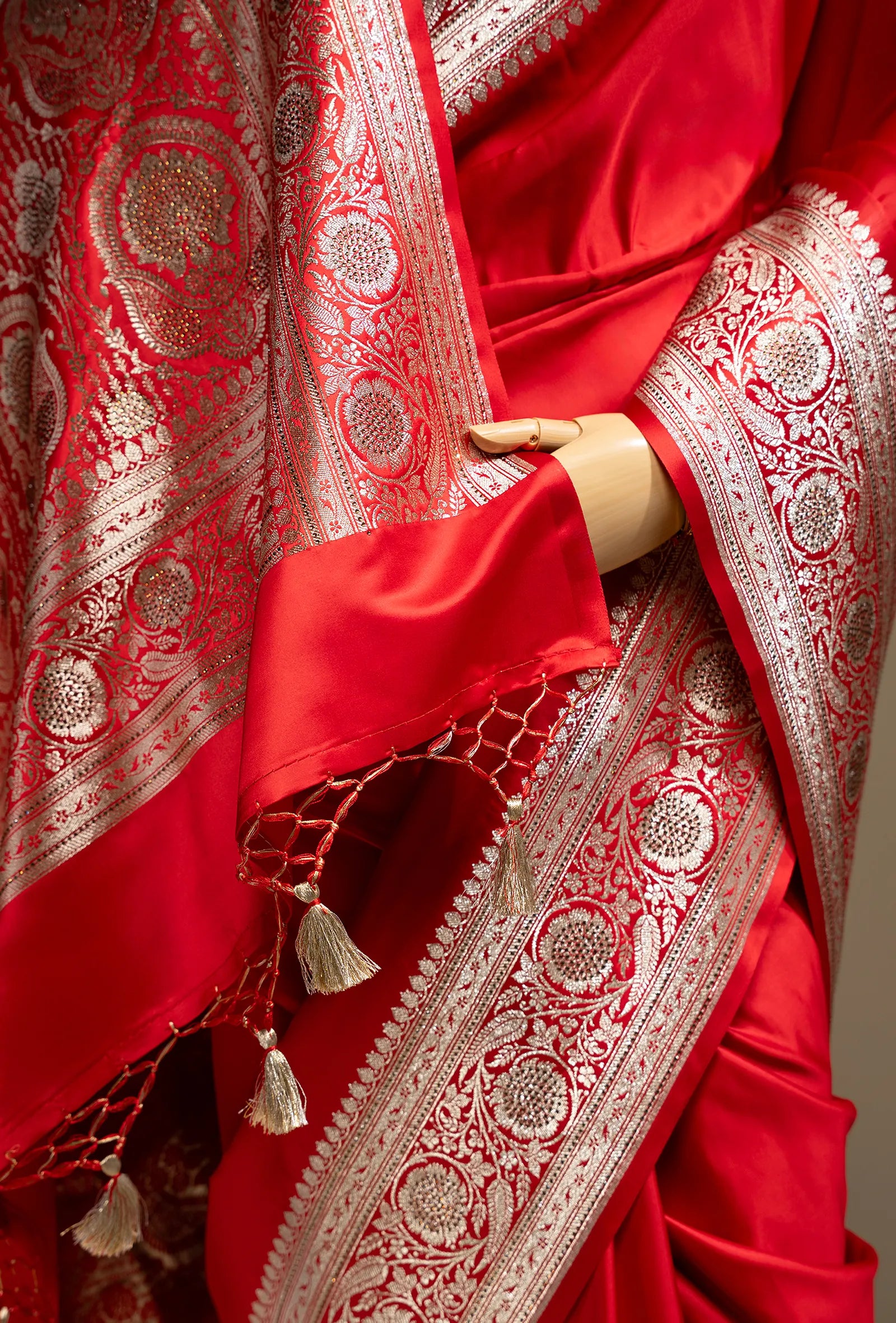 Royal Red Pure Malai Silk Saree With Tikki Work and Unstitched Blouse