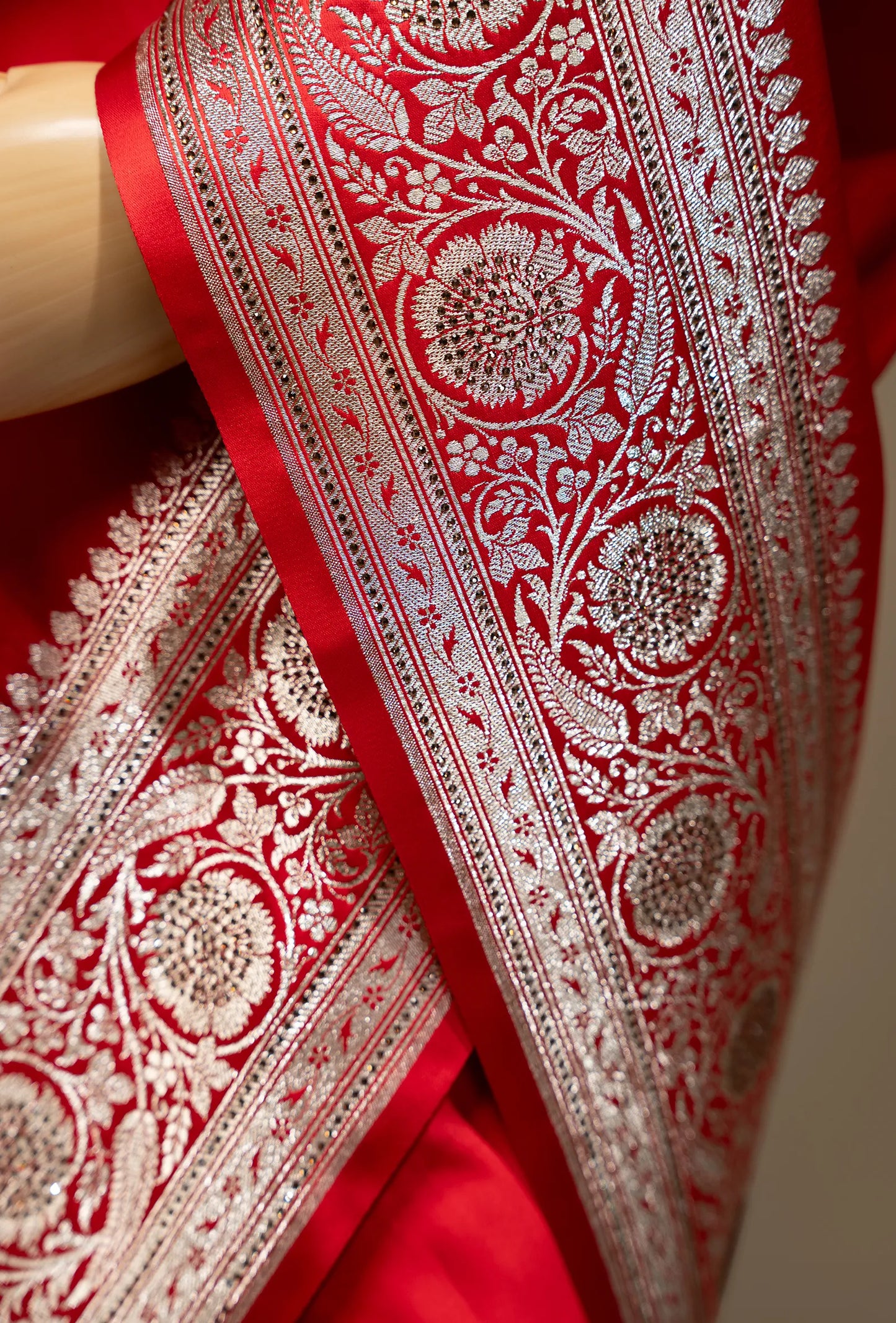 Royal Red Pure Malai Silk Saree With Tikki Work and Unstitched Blouse