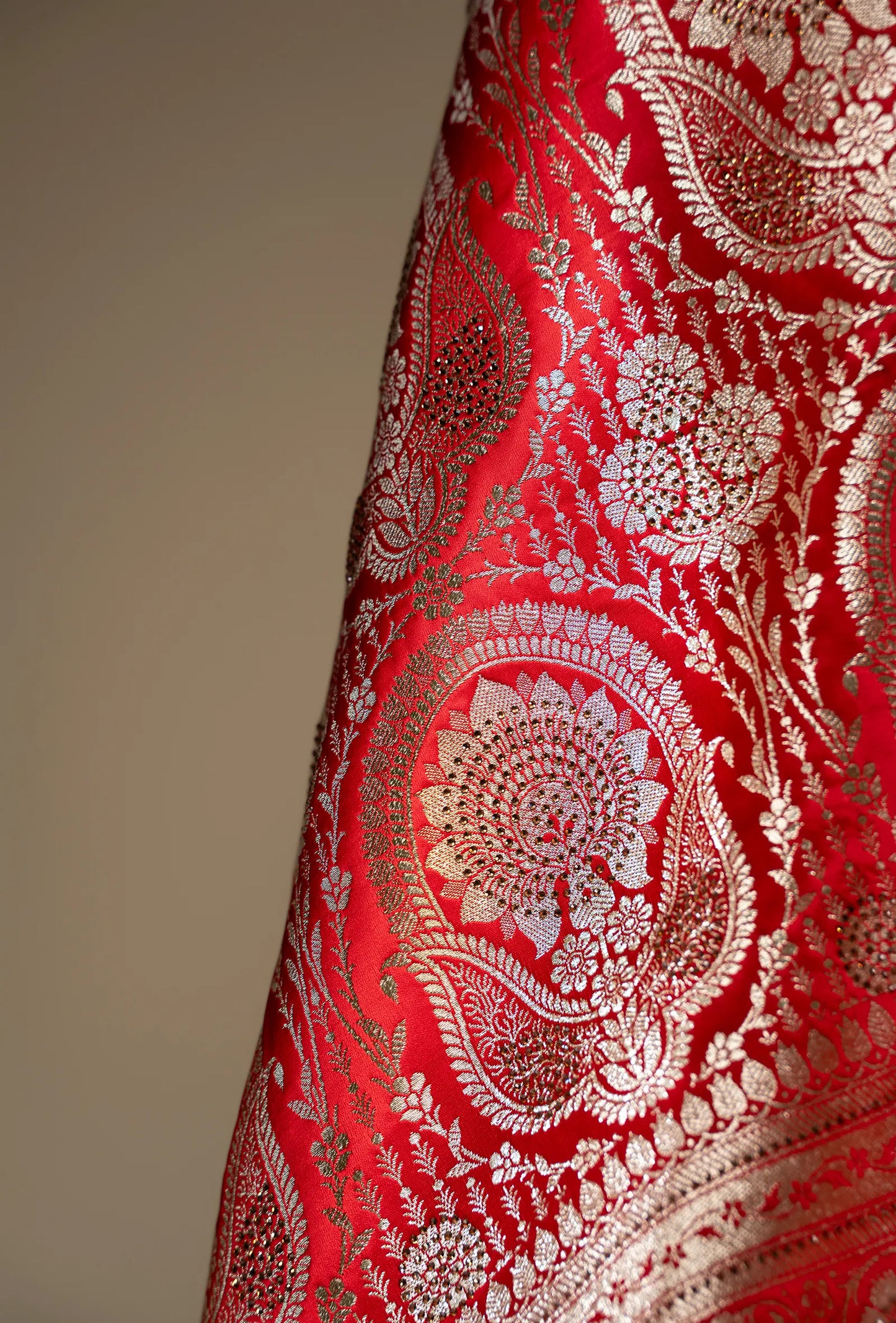 Royal Red Pure Malai Silk Saree With Tikki Work and Unstitched Blouse