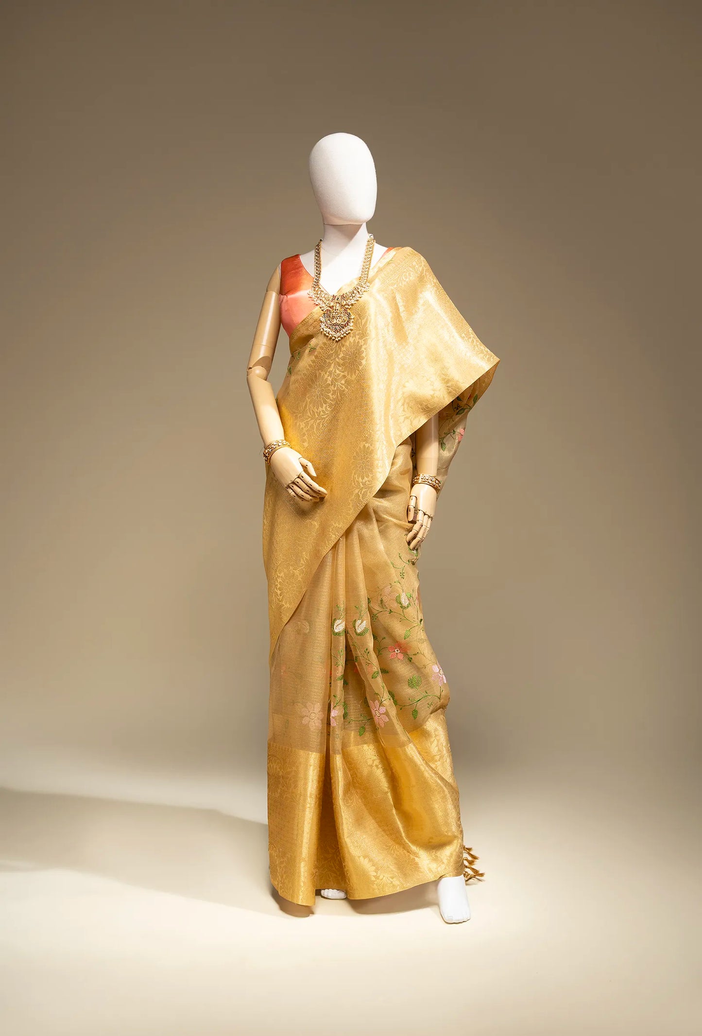 Ochre Yellow Khadi Organza Saree With Unstitched Blouse