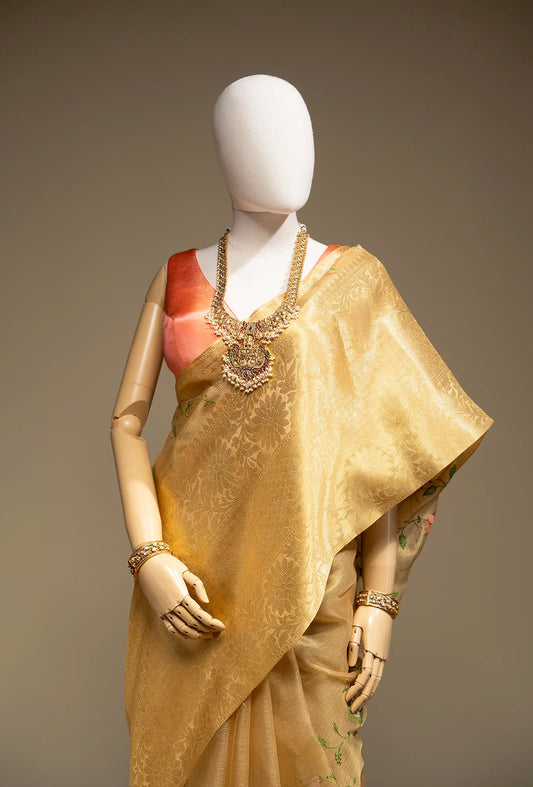 Ochre Yellow Khadi Organza Saree With Unstitched Blouse