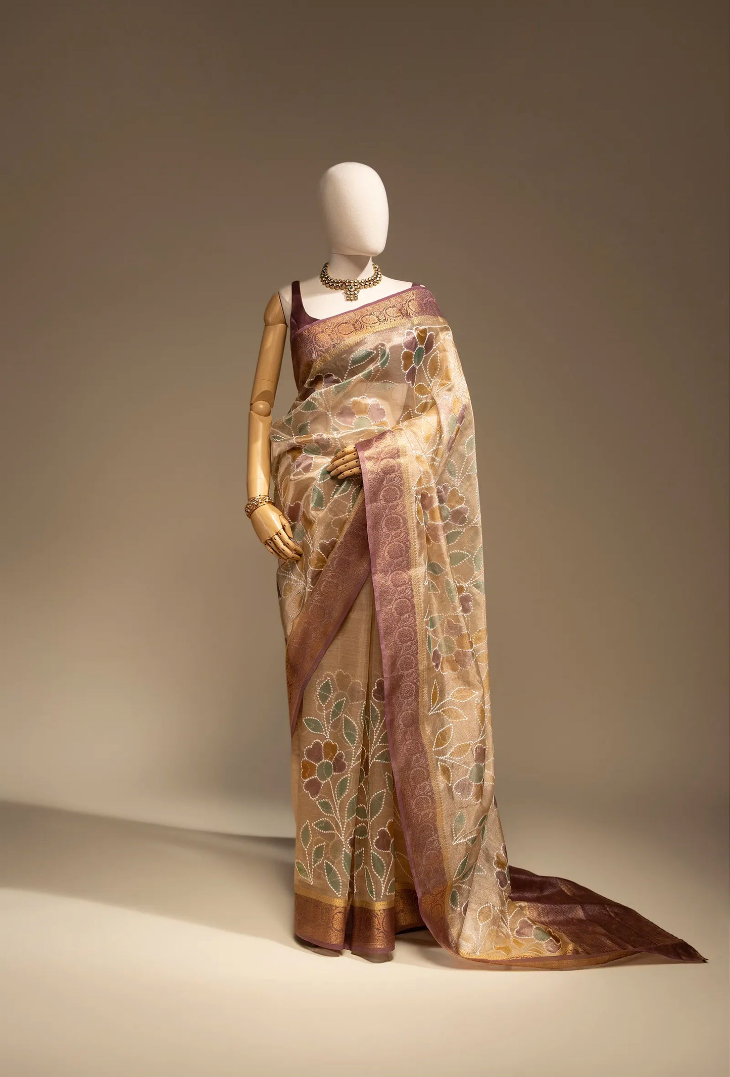 Ochre Yellow Tissue Silk Saree With Unstitched Blouse