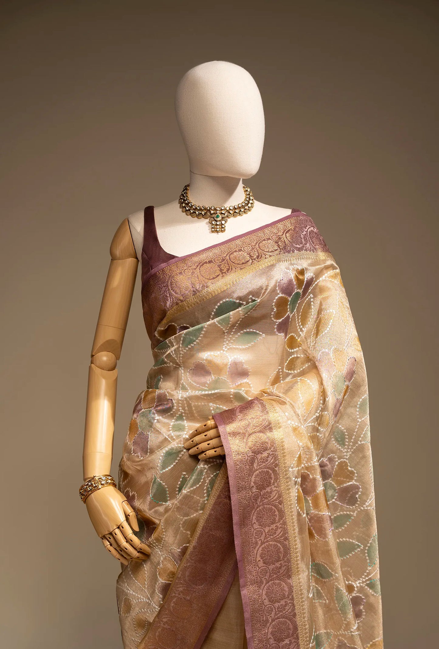 Ochre Yellow Tissue Silk Saree With Unstitched Blouse