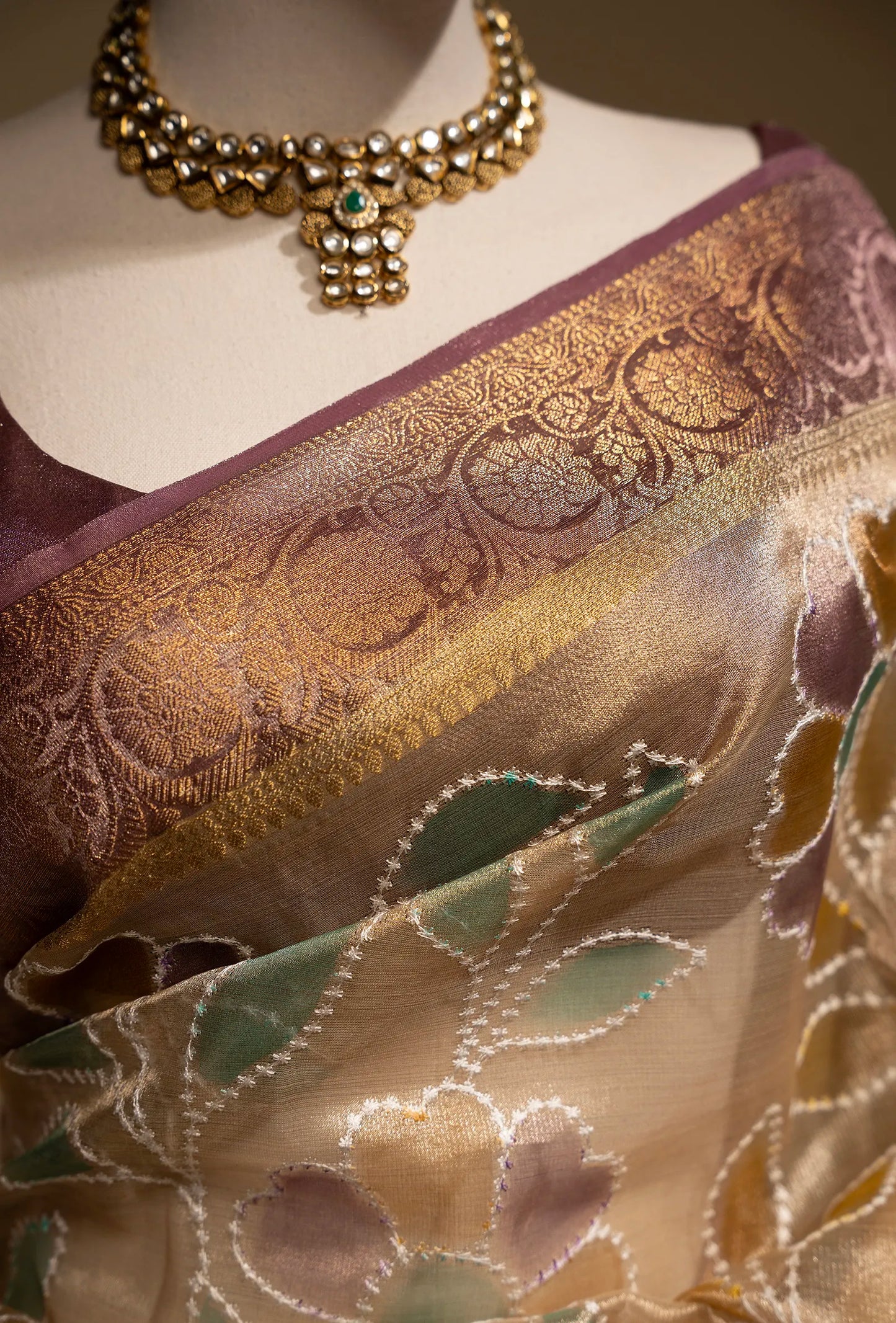 Ochre Yellow Tissue Silk Saree With Unstitched Blouse