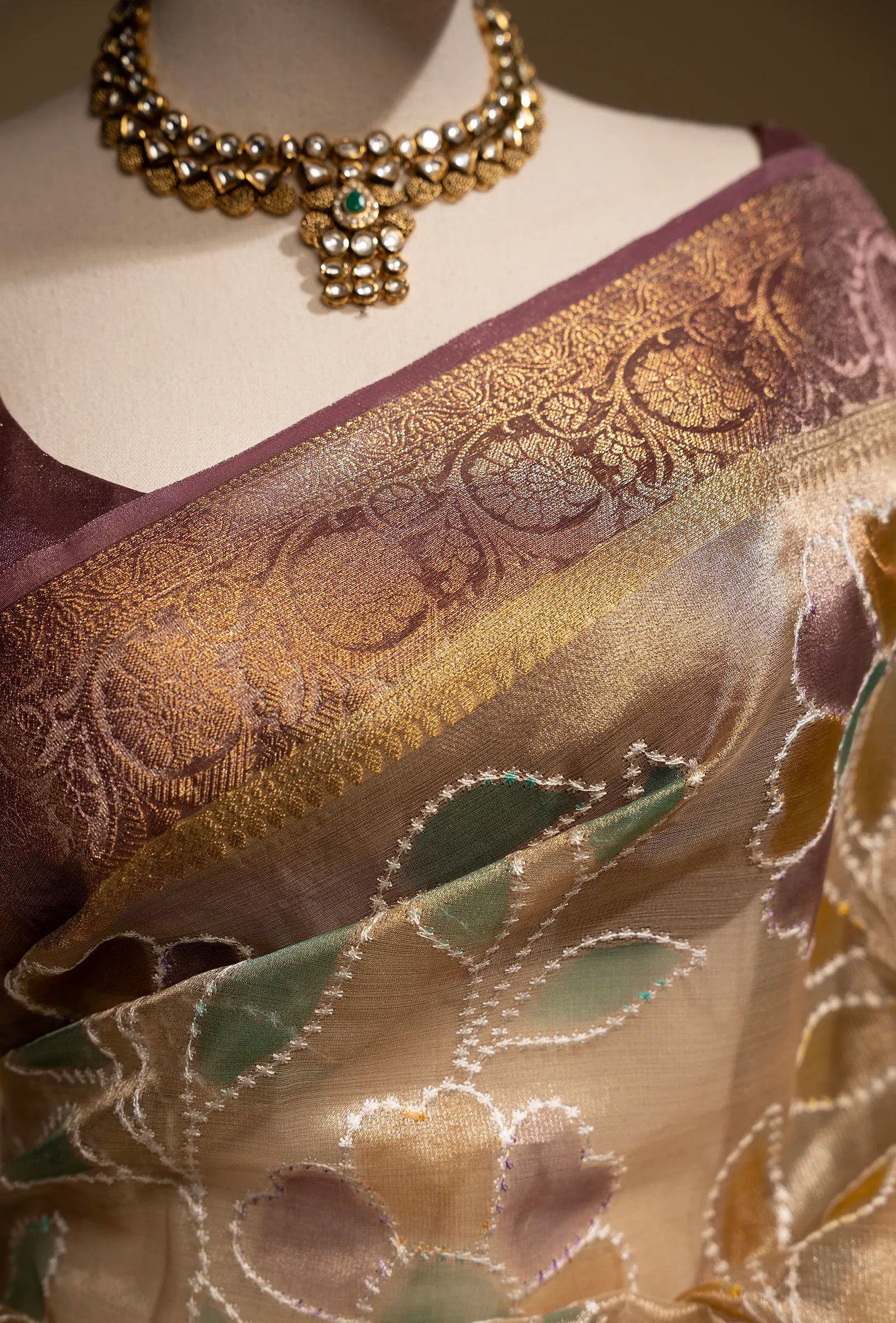 Ochre Yellow Tissue Silk Saree With Unstitched Blouse