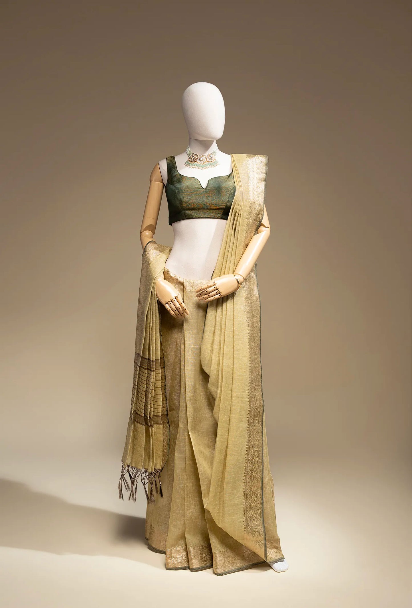 Moss Green Khadi Tissue Saree With Unstitched Blouse