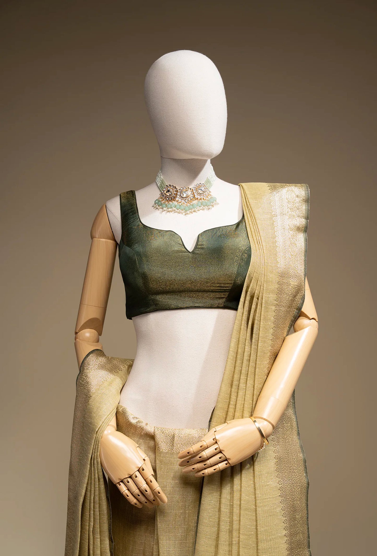 Moss Green Khadi Tissue Saree With Unstitched Blouse