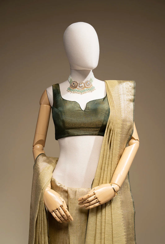 Moss Green Khadi Tissue Saree With Unstitched Blouse