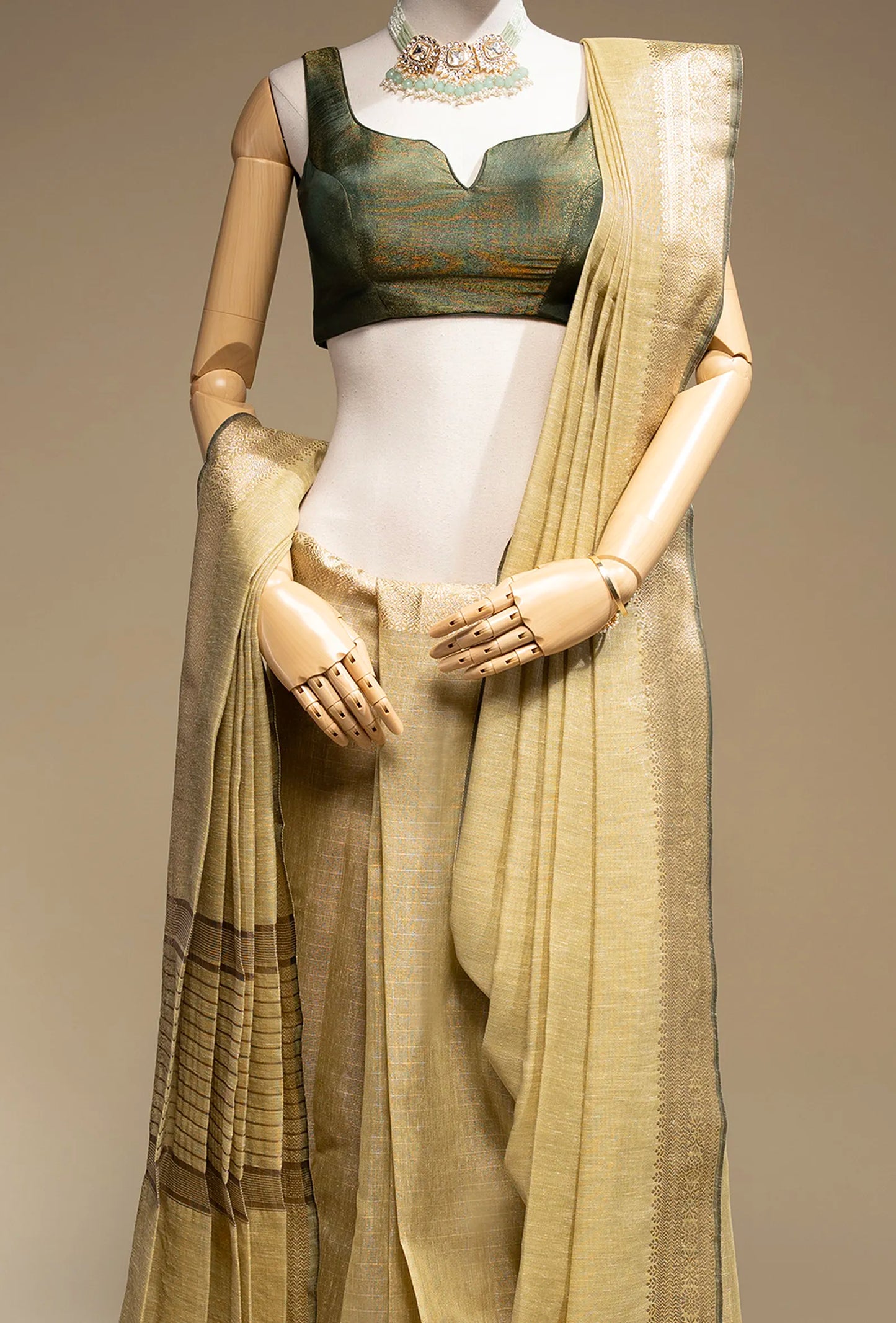 Moss Green Khadi Tissue Saree With Unstitched Blouse