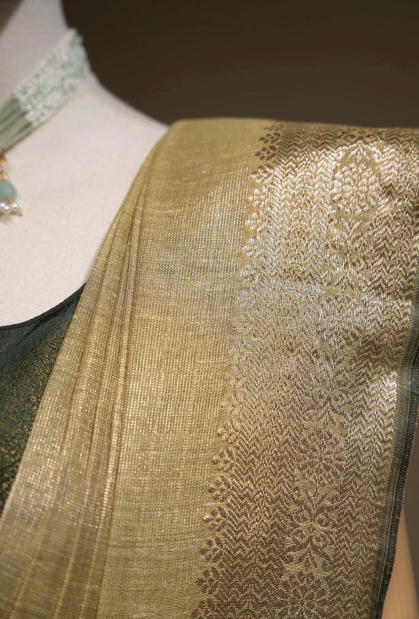 Moss Green Khadi Tissue Saree With Unstitched Blouse