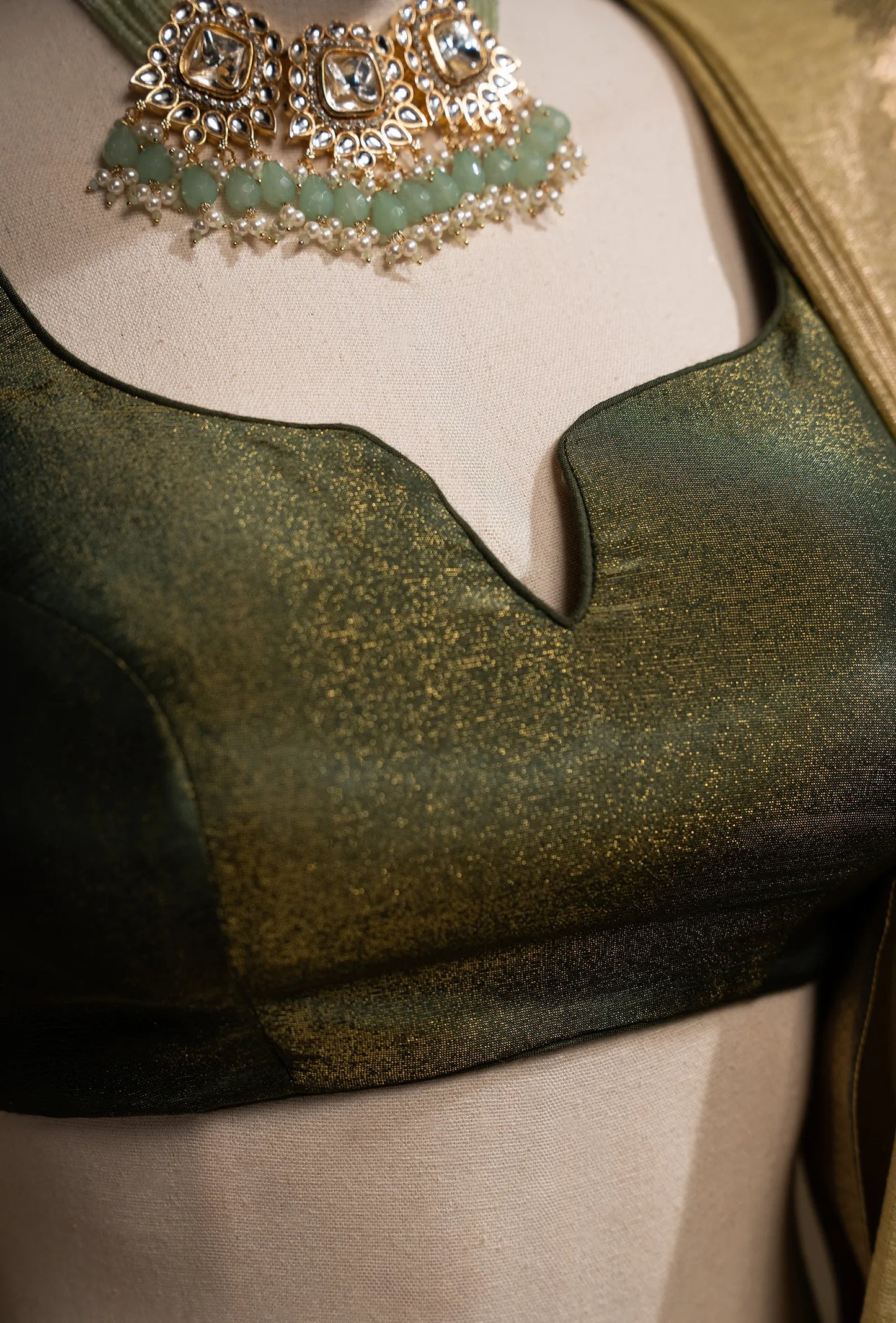 Moss Green Khadi Tissue Saree With Unstitched Blouse