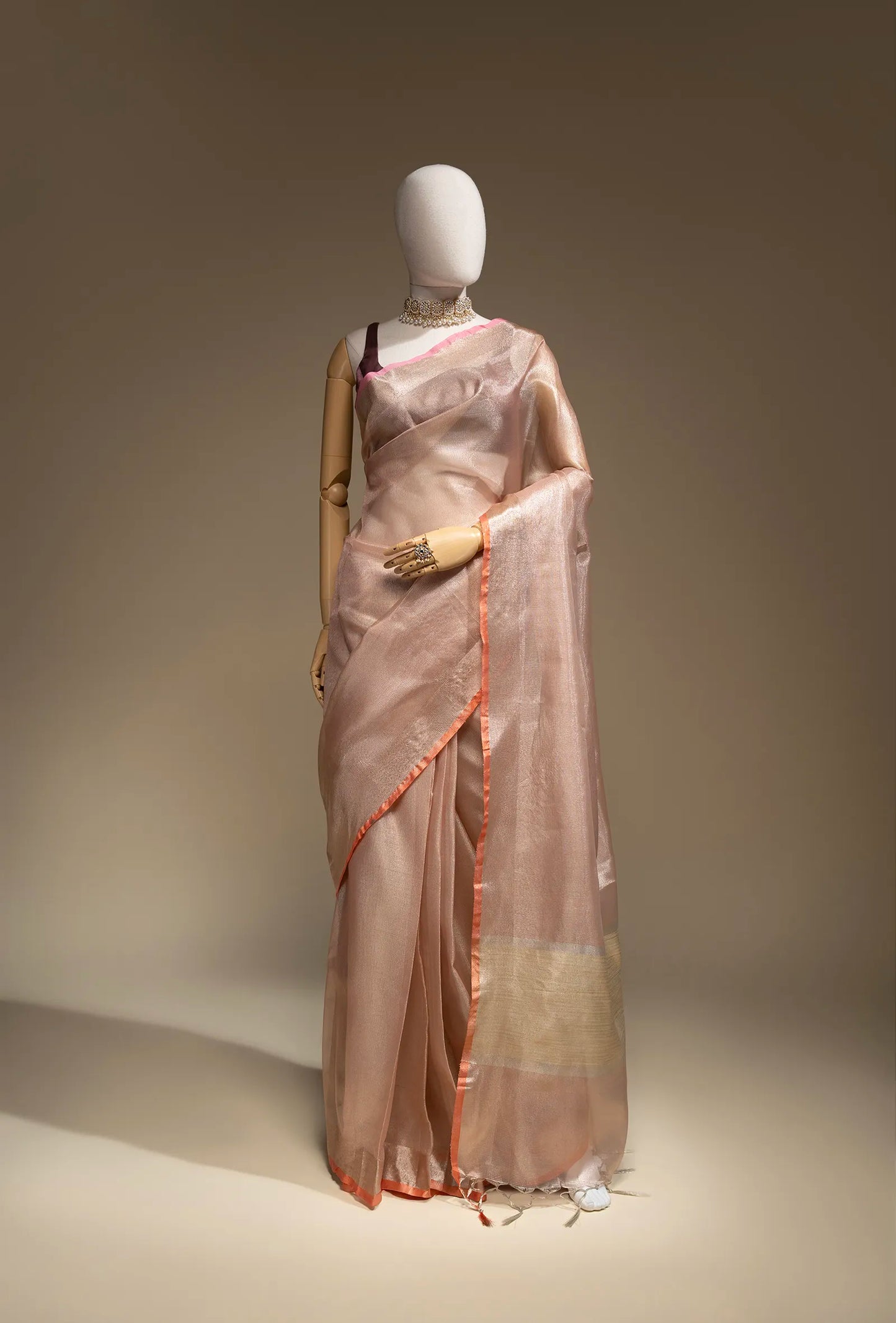 Blush Pink Saree with Coral Border With Unstitched Blouse