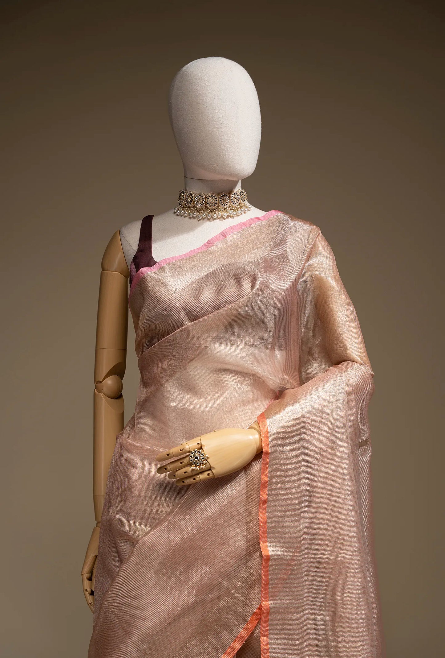 Blush Pink Saree with Coral Border With Unstitched Blouse