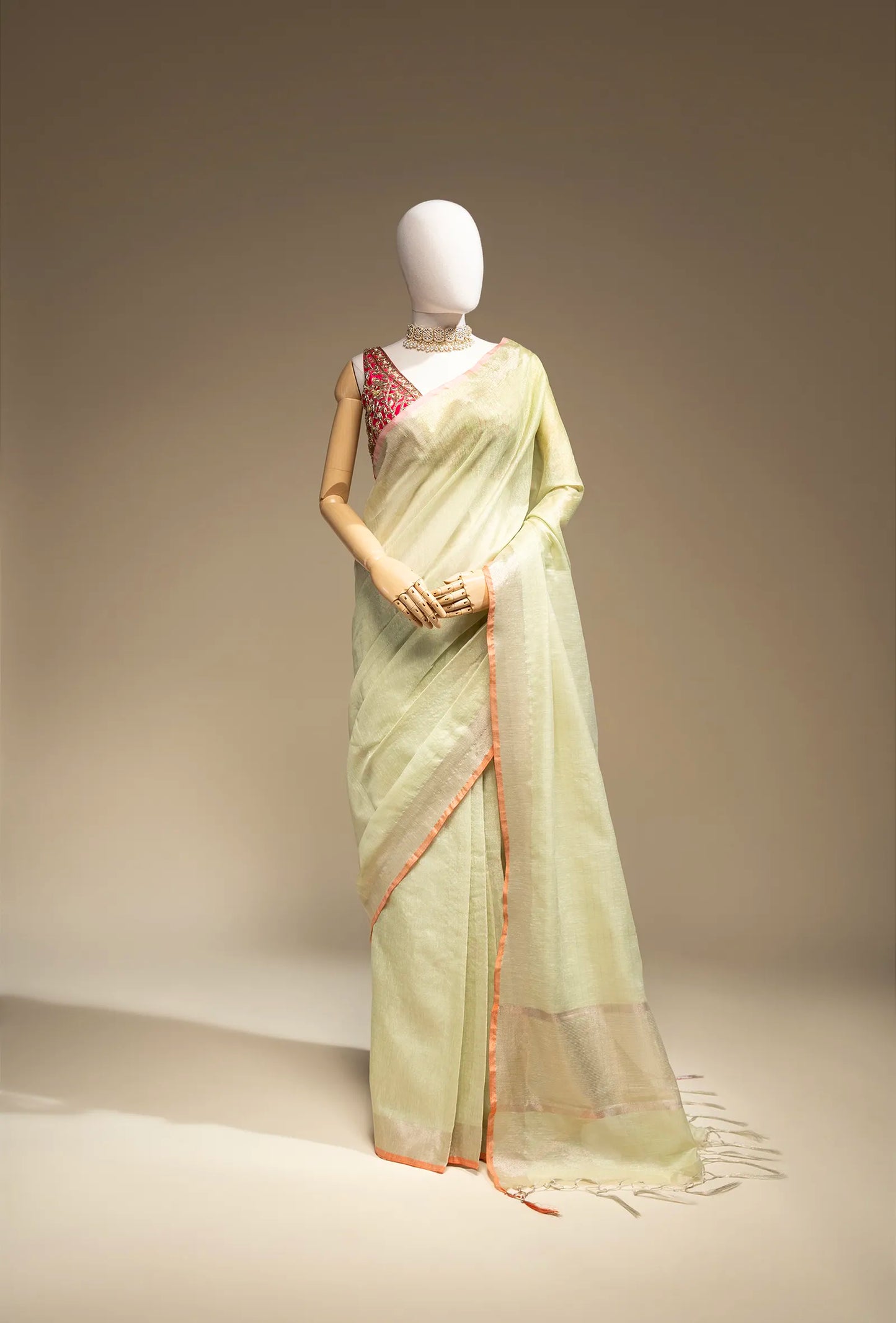 Pista Green Khadi Tissue Saree With Unstitched Blouse