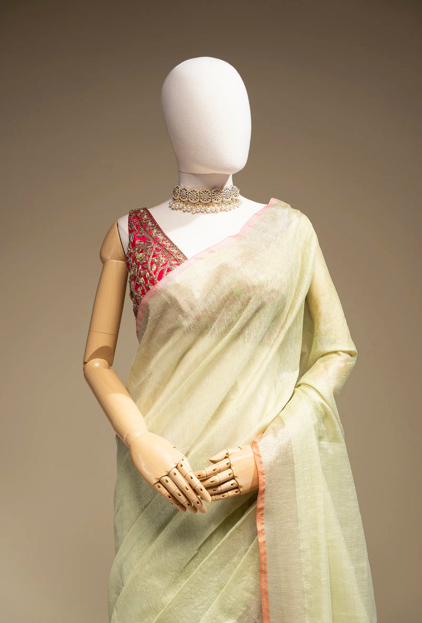 Pista Green Khadi Tissue Saree With Unstitched Blouse