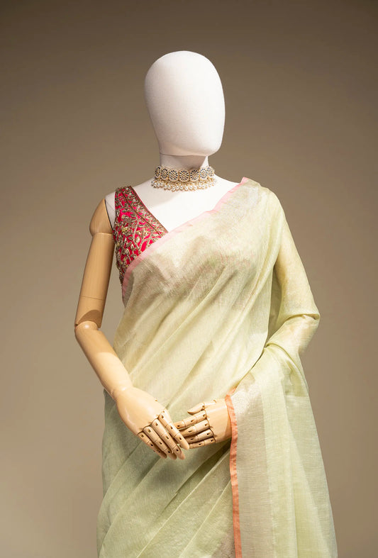 Pista Green Khadi Tissue Saree With Unstitched Blouse