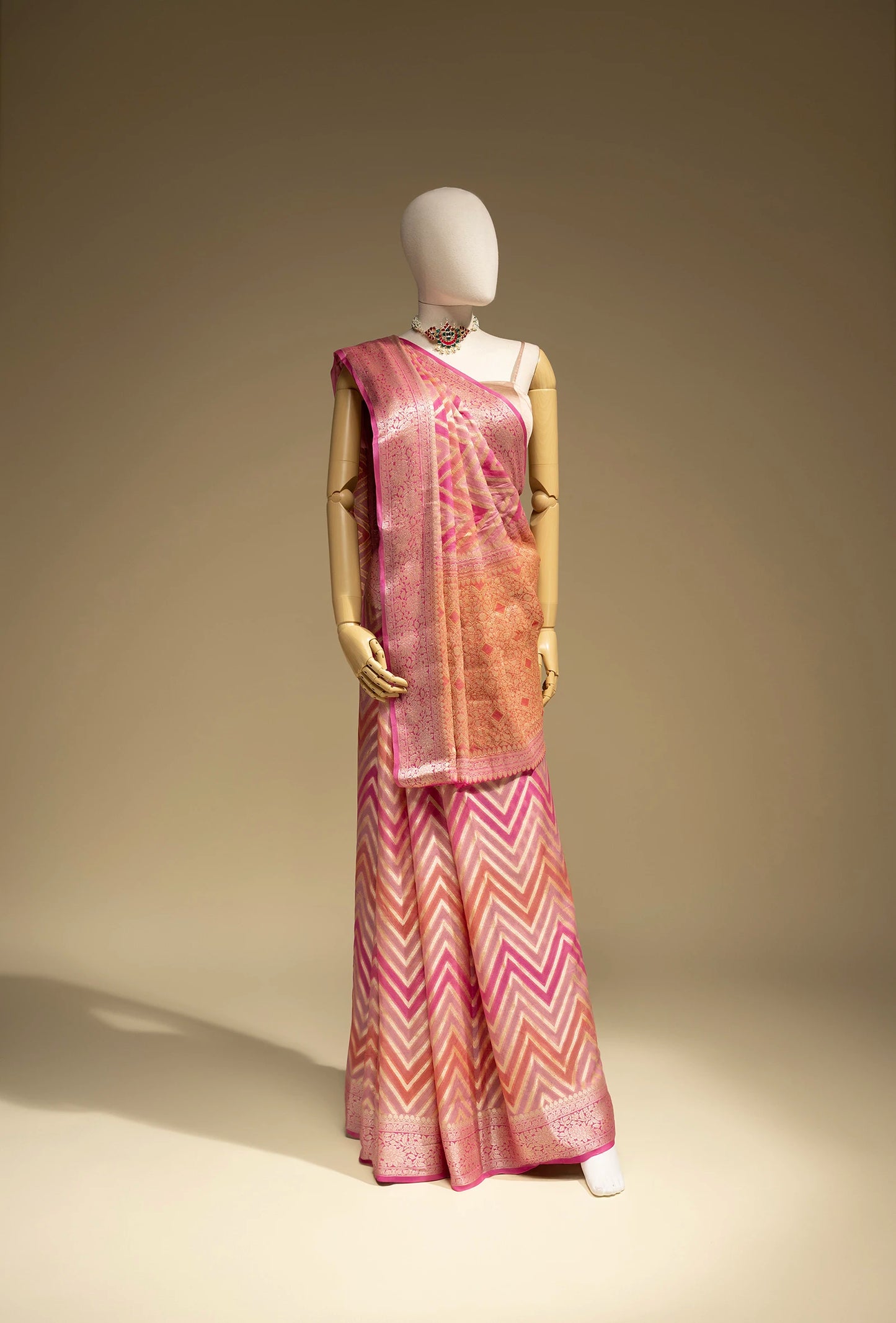 Lehriya Rangkaat Saree In Georgette With Pink Tricolor Design