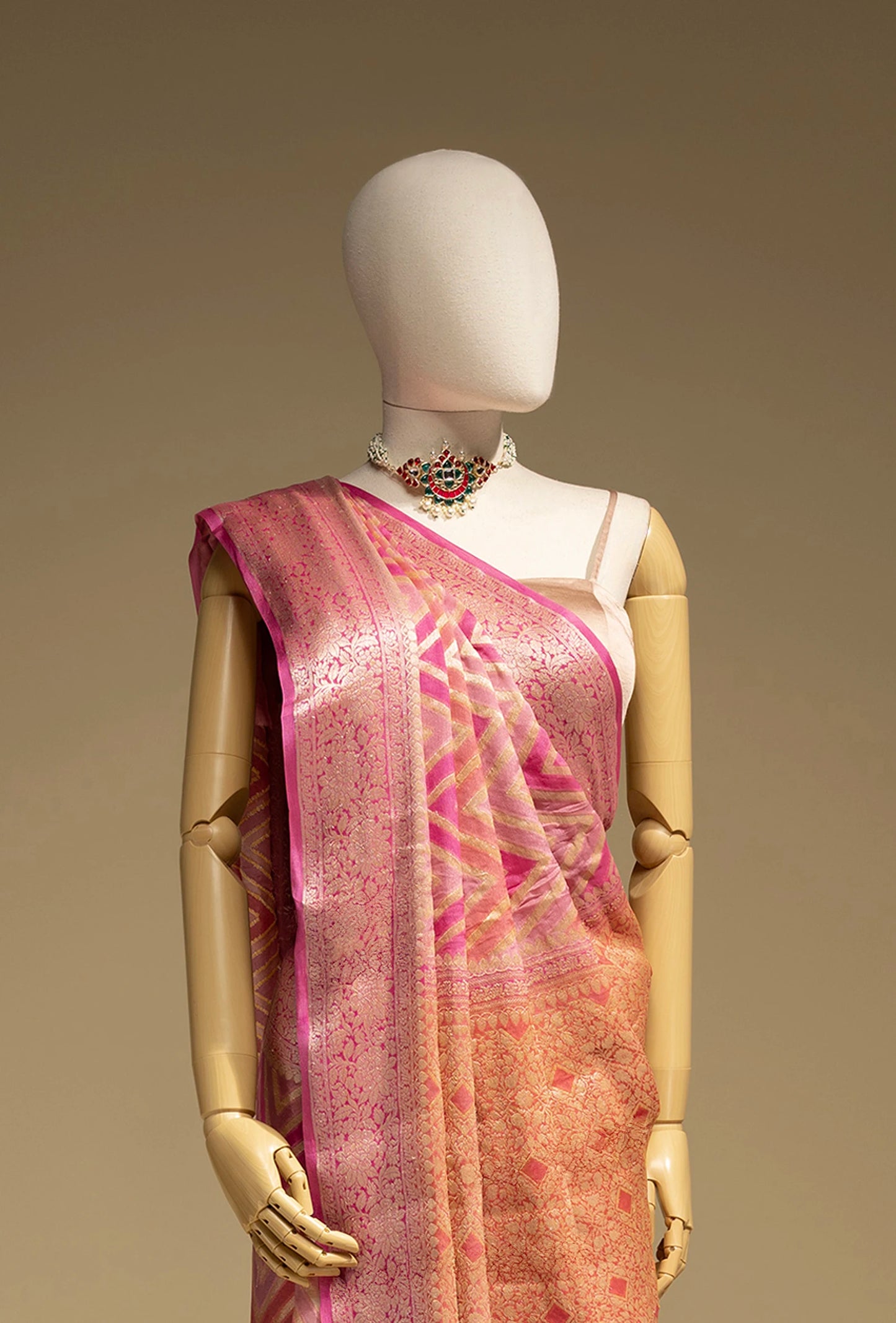 Lehriya Rangkaat Saree In Georgette With Pink Tricolor Design