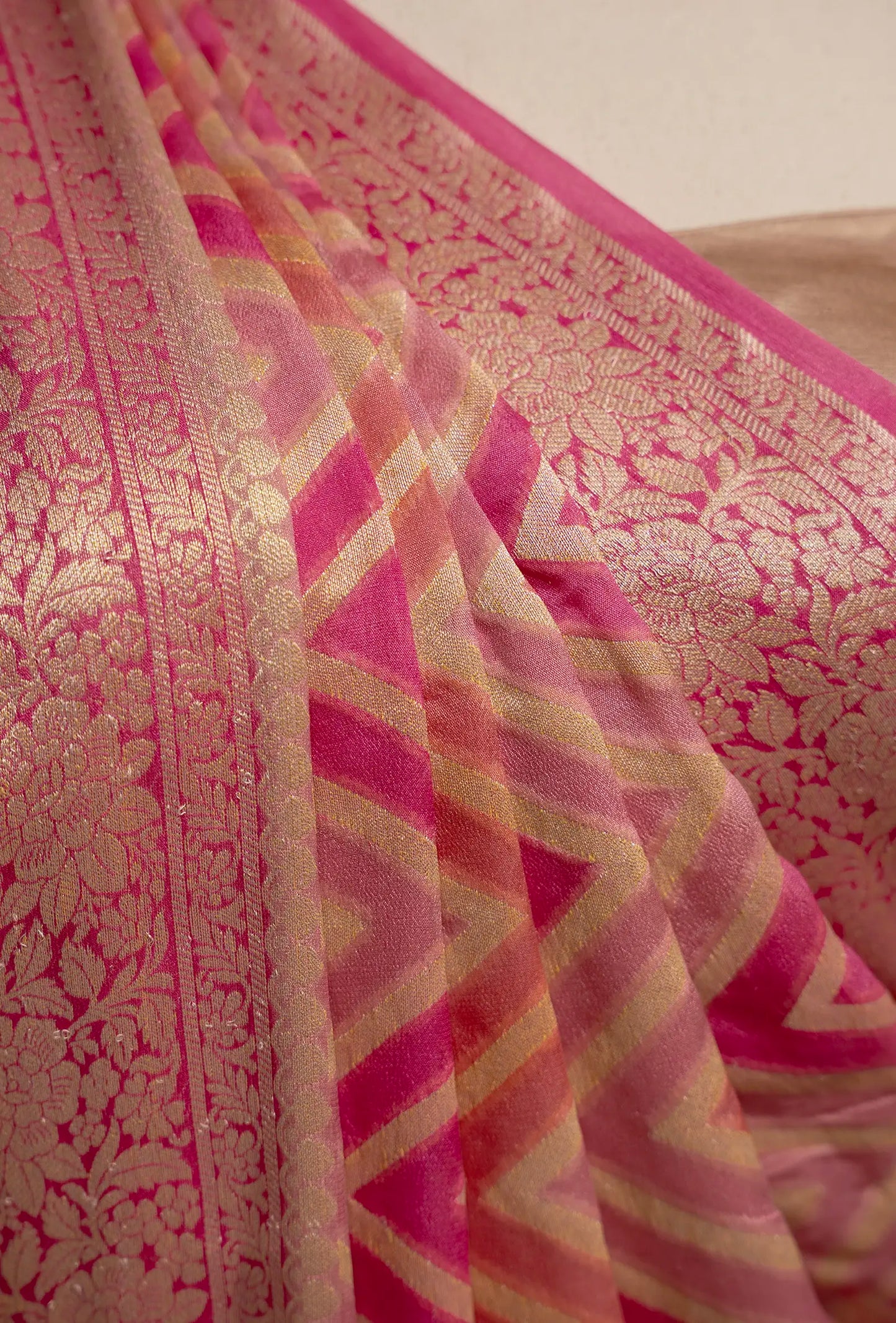 Lehriya Rangkaat Saree In Georgette With Pink Tricolor Design