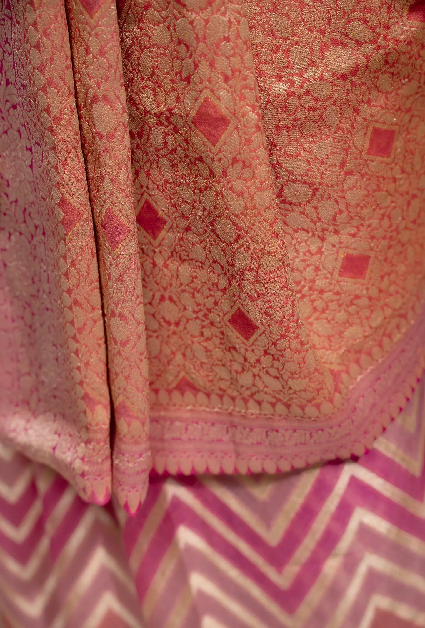 Lehriya Rangkaat Saree In Georgette With Pink Tricolor Design