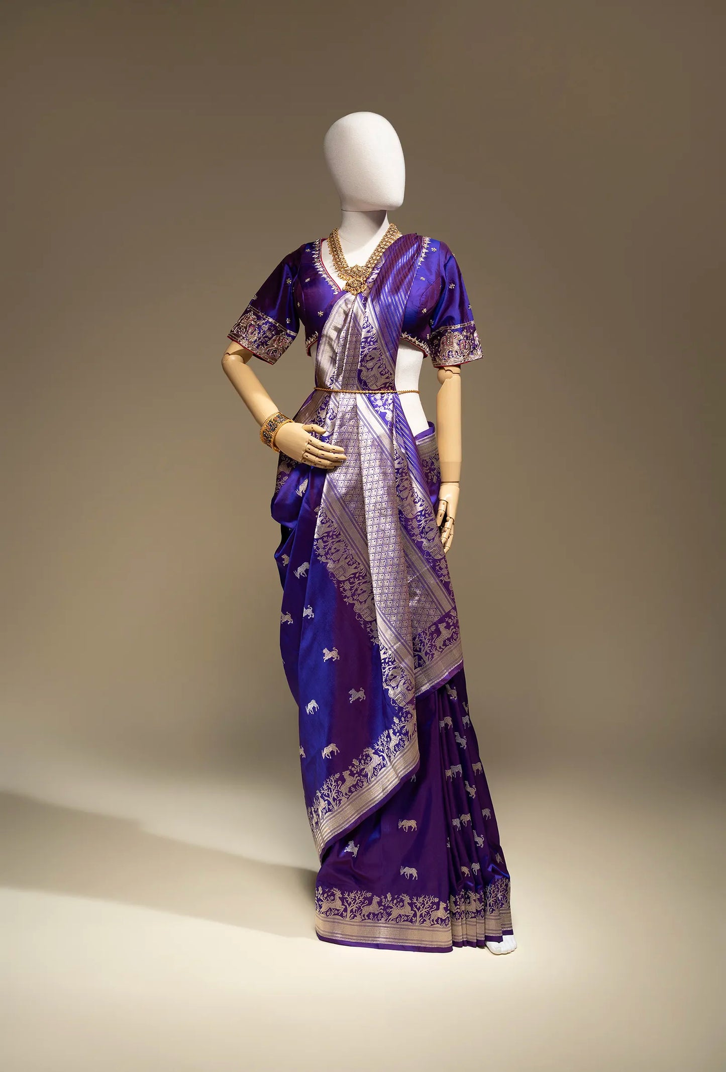 Deep Violet Shikargah Mashru Silk Saree With Unstitched Blouse