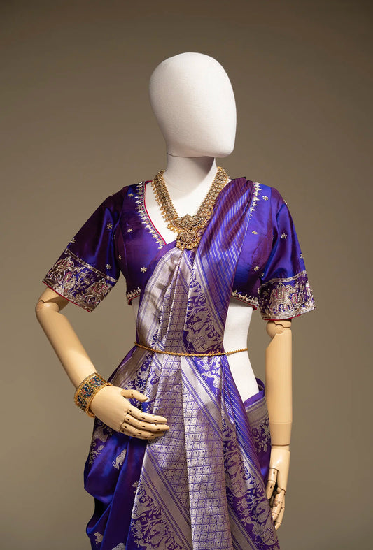 Deep Violet Shikargah Mashru Silk Saree With Unstitched Blouse