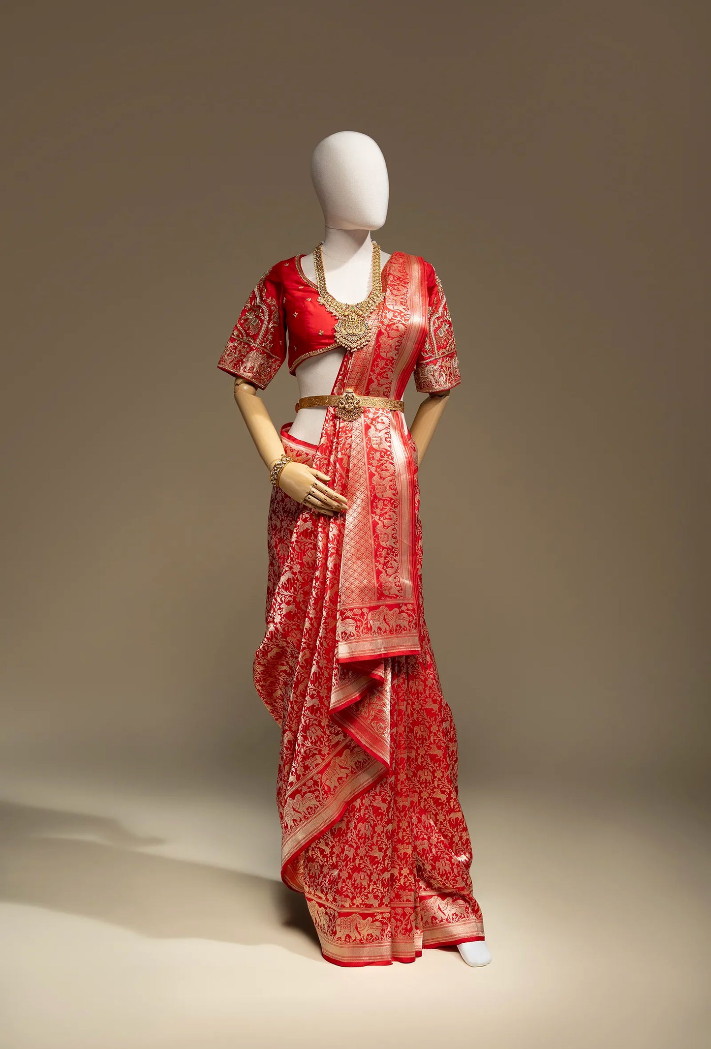 Crimson Red Shikargah Mashru Silk Saree With Unstitched Blouse