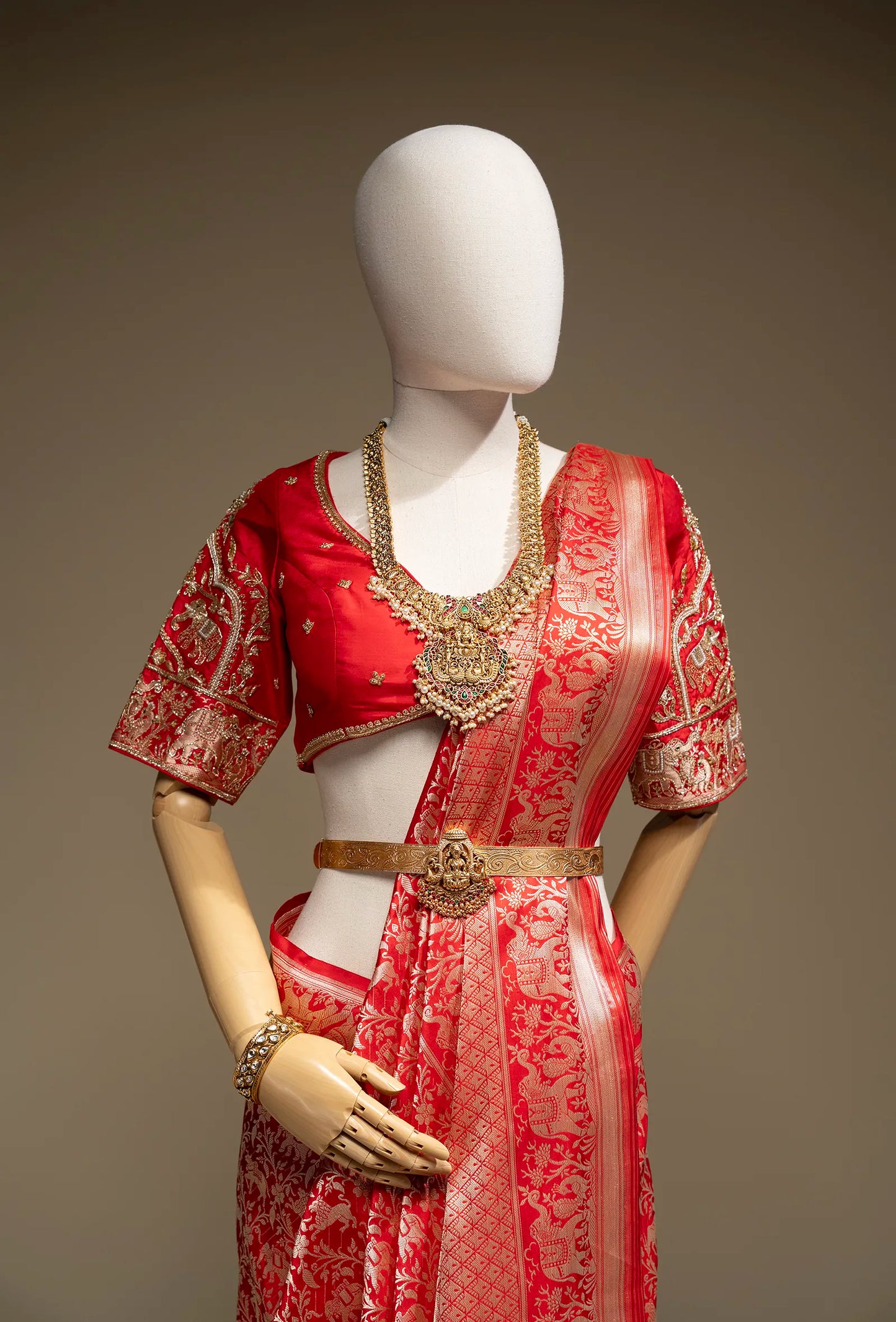 Crimson Red Shikargah Mashru Silk Saree With Unstitched Blouse