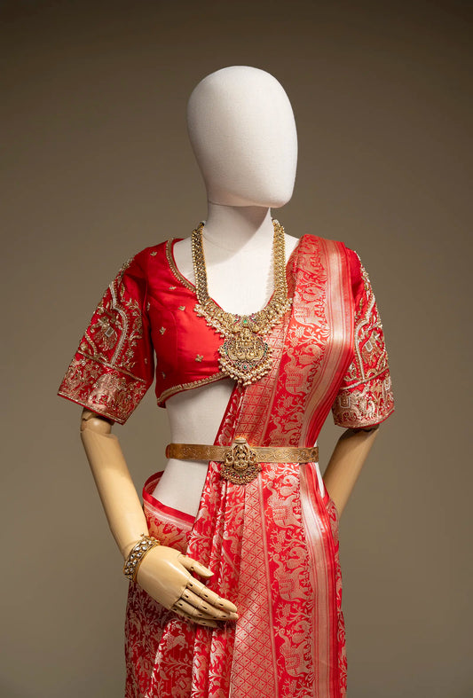 Crimson Red Shikargah Mashru Silk Saree With Unstitched Blouse