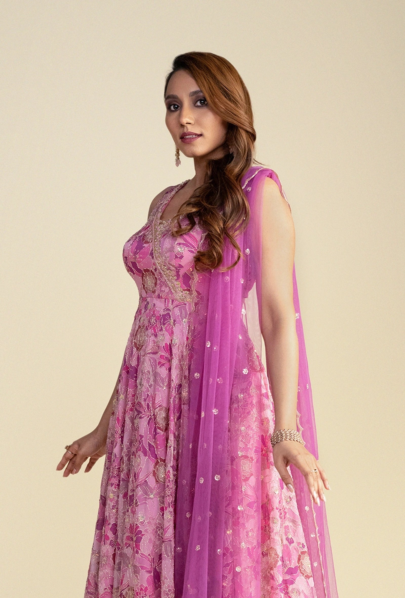 Pink Floral V-Neck Anarkali Set
