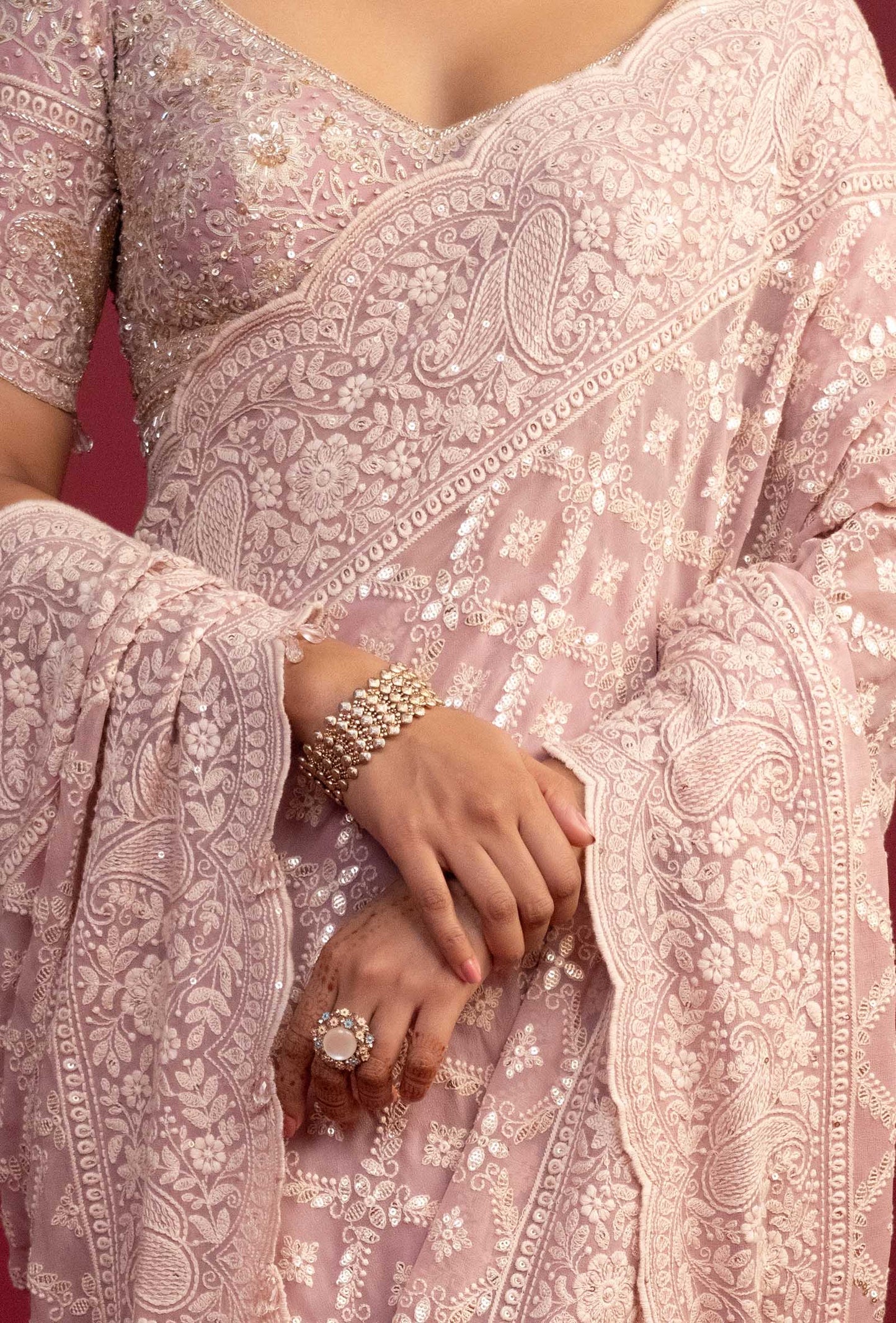 Saanjh Peachy Pink Lucknowi Pre Pleated Saree