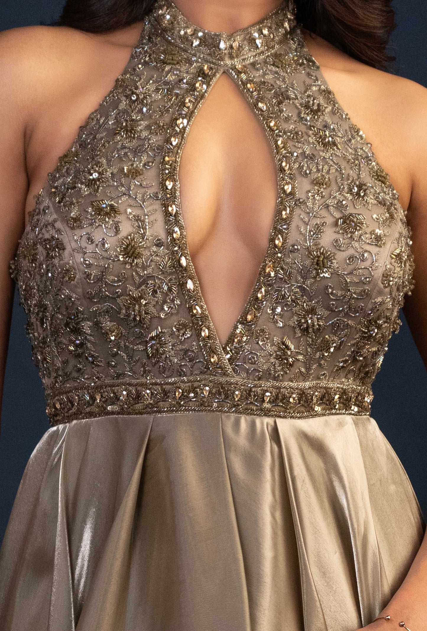 Eleanor Warm Grey Key Hole Neck Gown