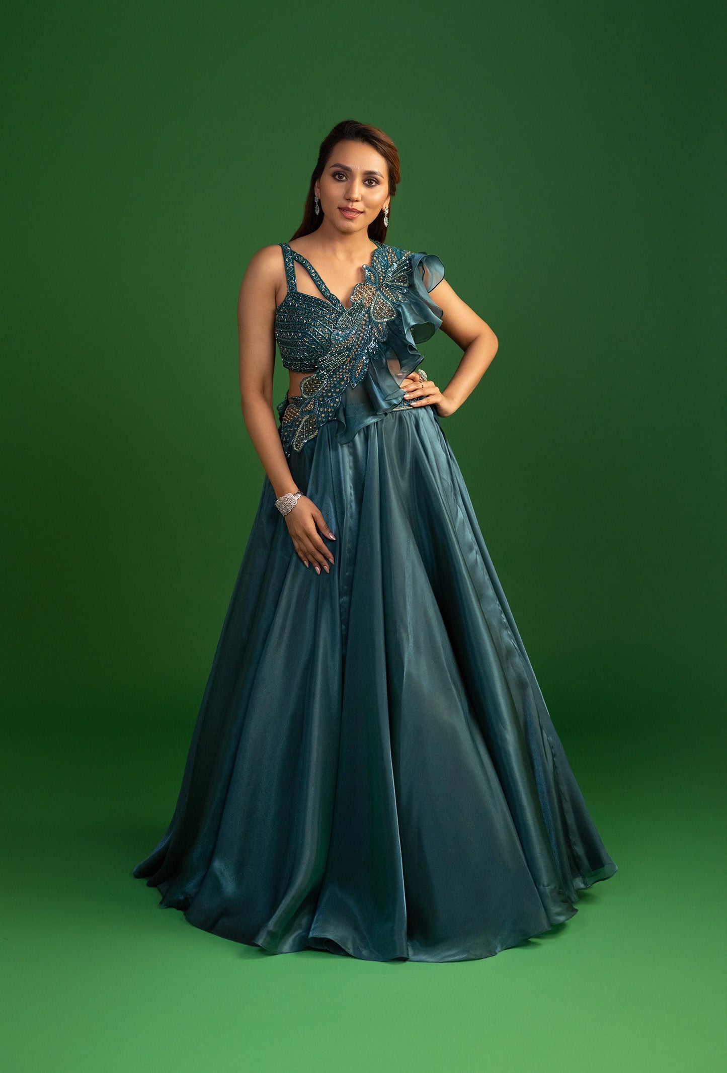 Nisarg Deep Teal Cocktail Lehenga with Attached Dupatta Set