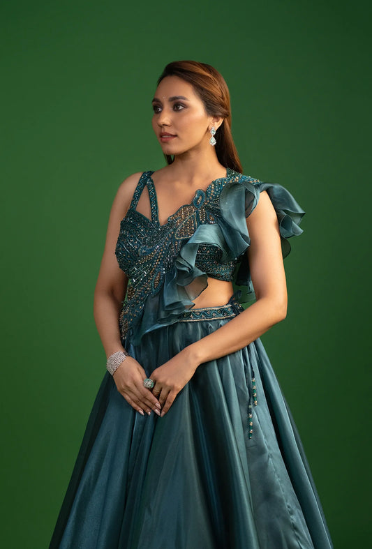 Nisarg Deep Teal Cocktail Lehenga with Attached Dupatta Set