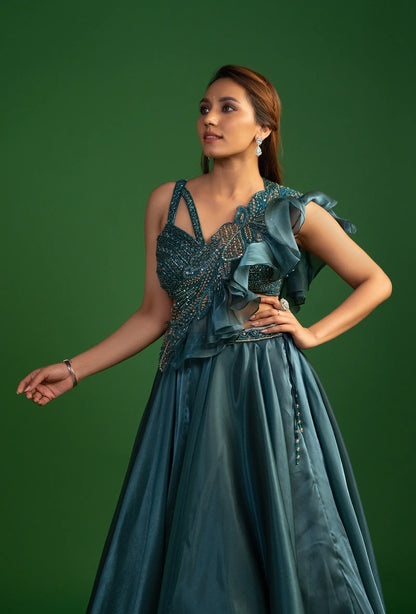 Nisarg Deep Teal Cocktail Lehenga with Attached Dupatta Set