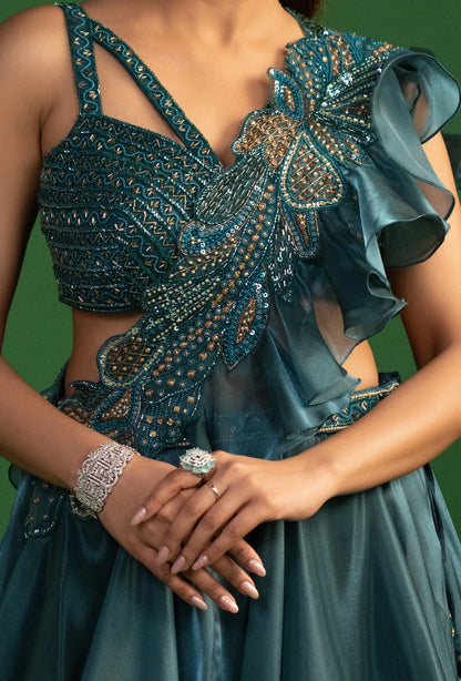 Nisarg Deep Teal Cocktail Lehenga with Attached Dupatta Set