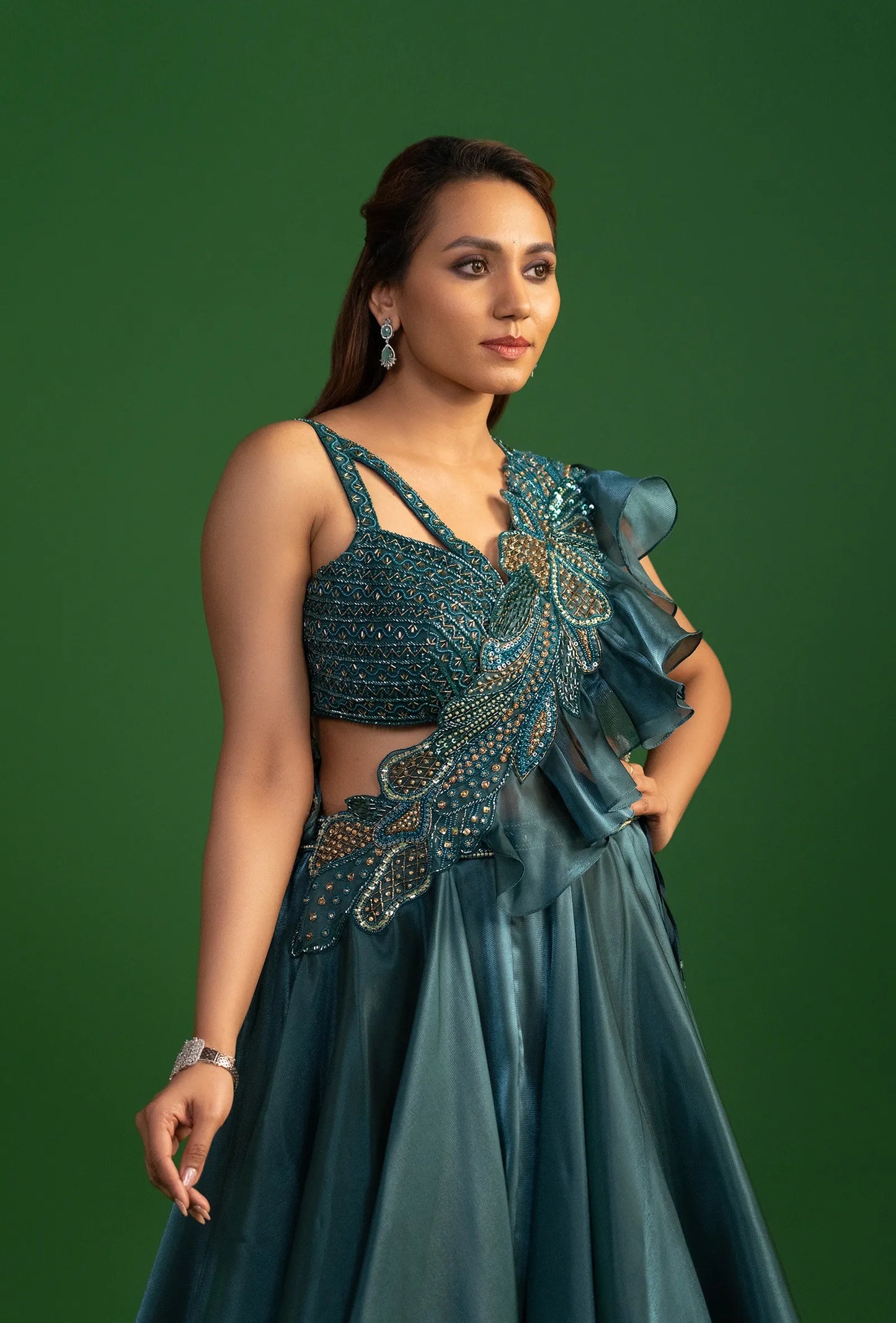 Nisarg Deep Teal Cocktail Lehenga with Attached Dupatta Set