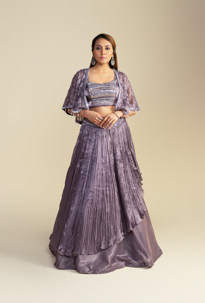 Tessa Dark Lilac Satin Organza Lehenga Set