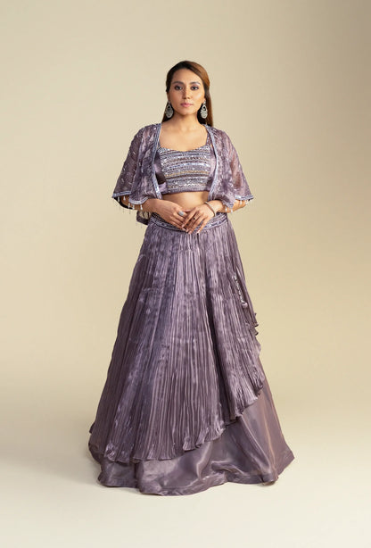 Tessa Dark Lilac Satin Organza Lehenga Set
