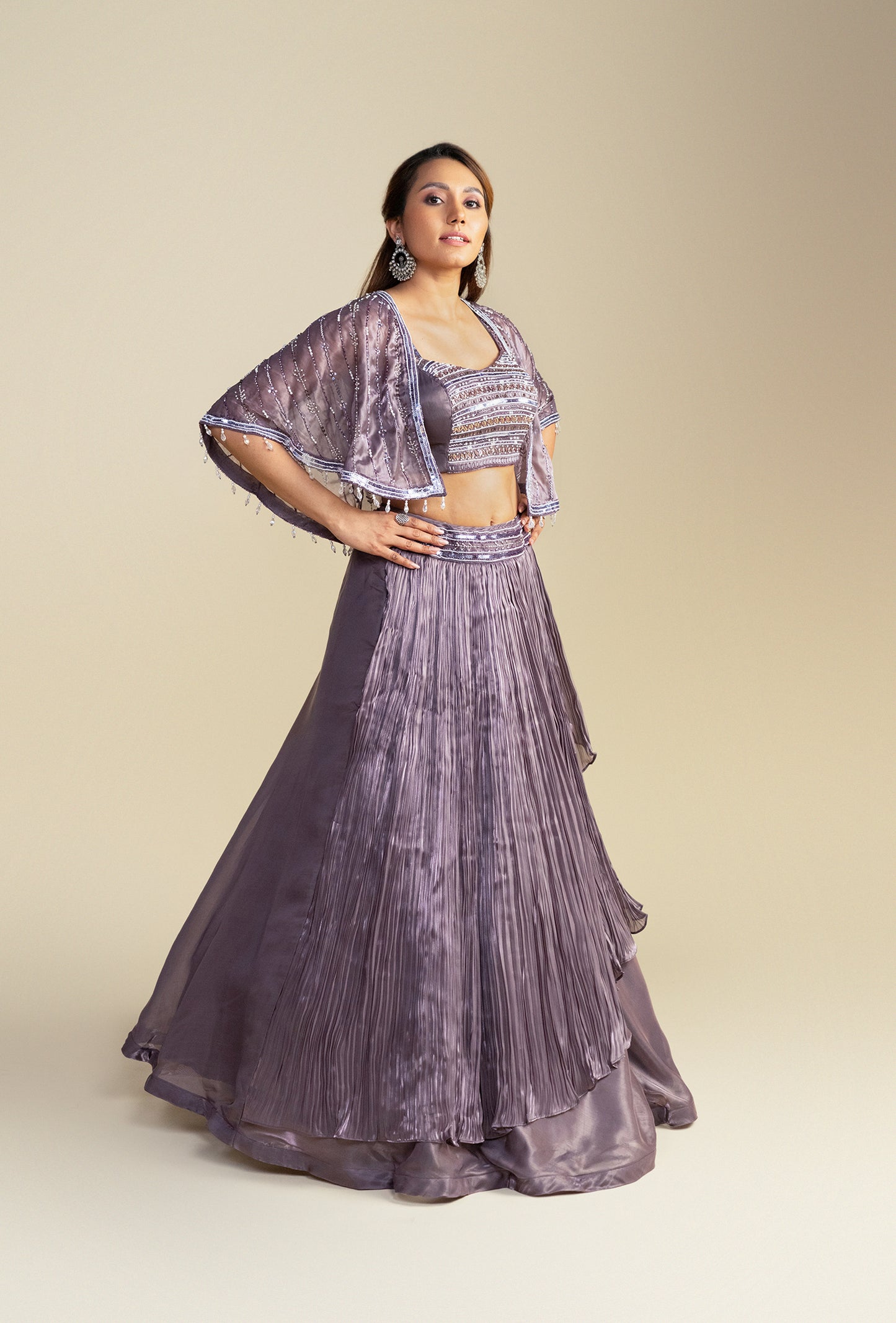 Tessa Dark Lilac Satin Organza Lehenga Set