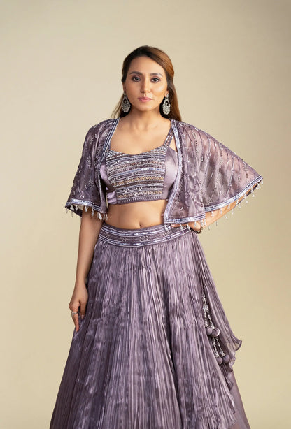 Tessa Dark Lilac Satin Organza Lehenga Set