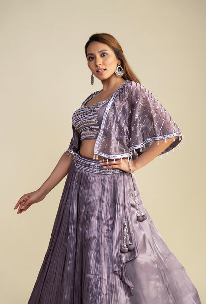 Tessa Dark Lilac Satin Organza Lehenga Set
