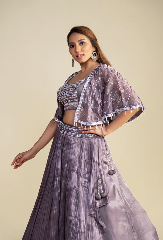 Tessa Dark Lilac Satin Organza Lehenga Set