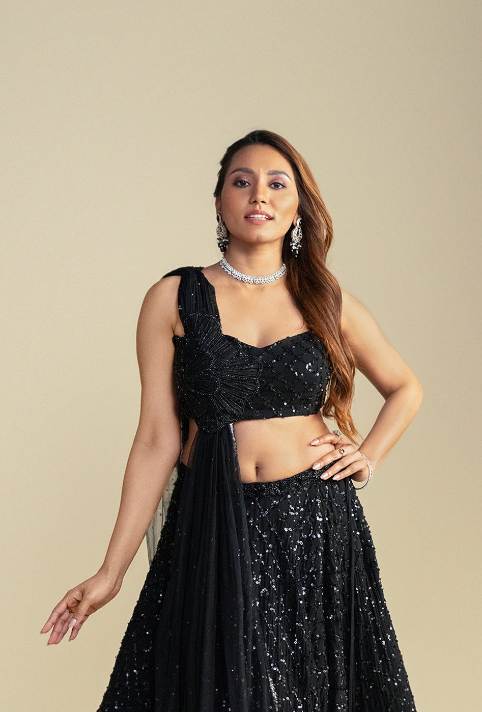 Diam Black Glam Sequined Lehenga Set with Attached Dupatta