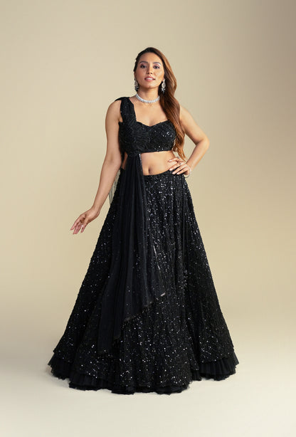 Diam Black Glam Sequined Lehenga Set with Attached Dupatta